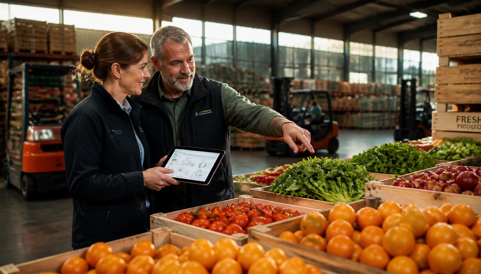 Mayoristas de frutas y hortalizas trabajando en un almacén moderno con tecnología y una tablet