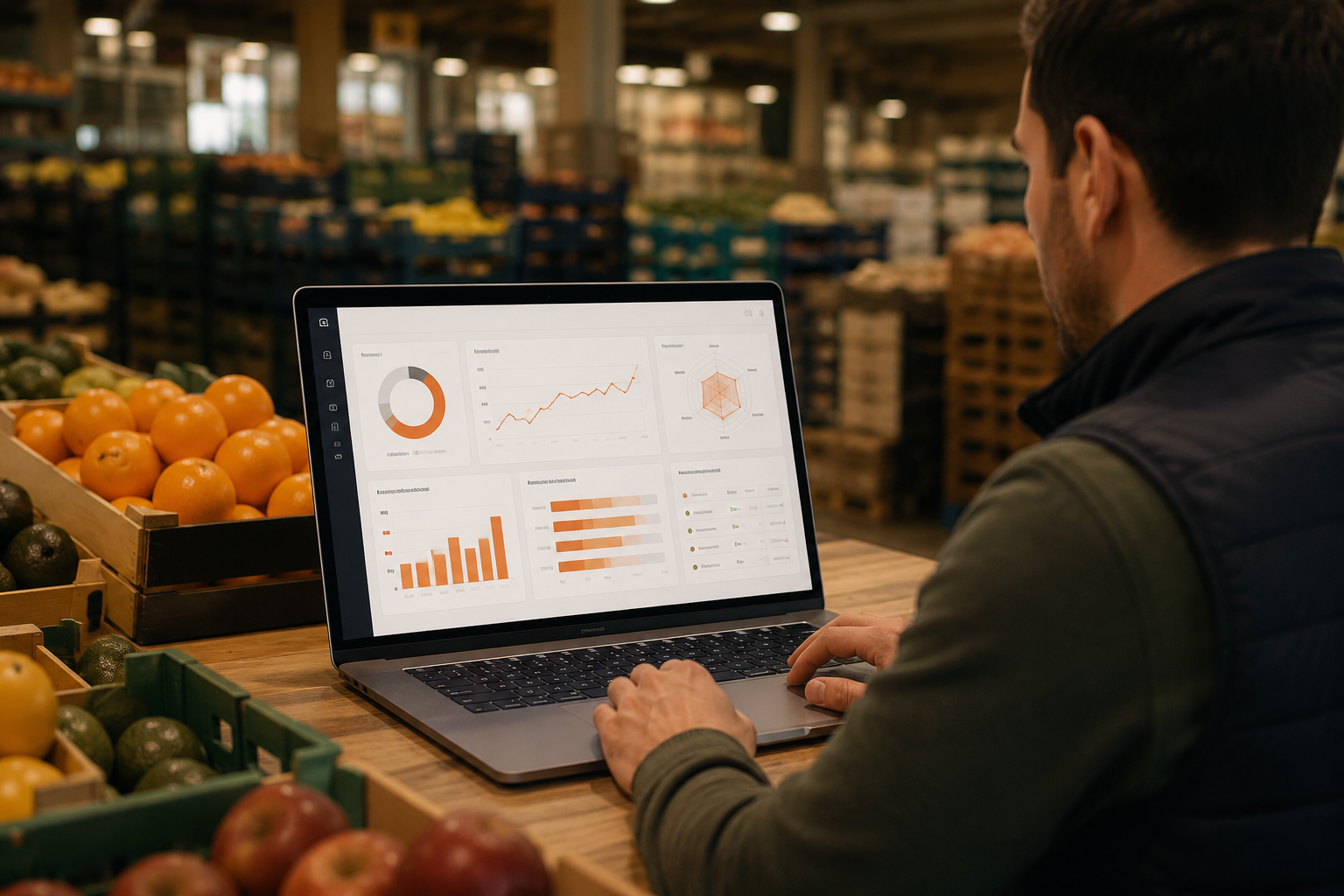 Mayorista de frutas y hortalizas analizando indicadores de digitalización en su portátil dentro de un mercado central