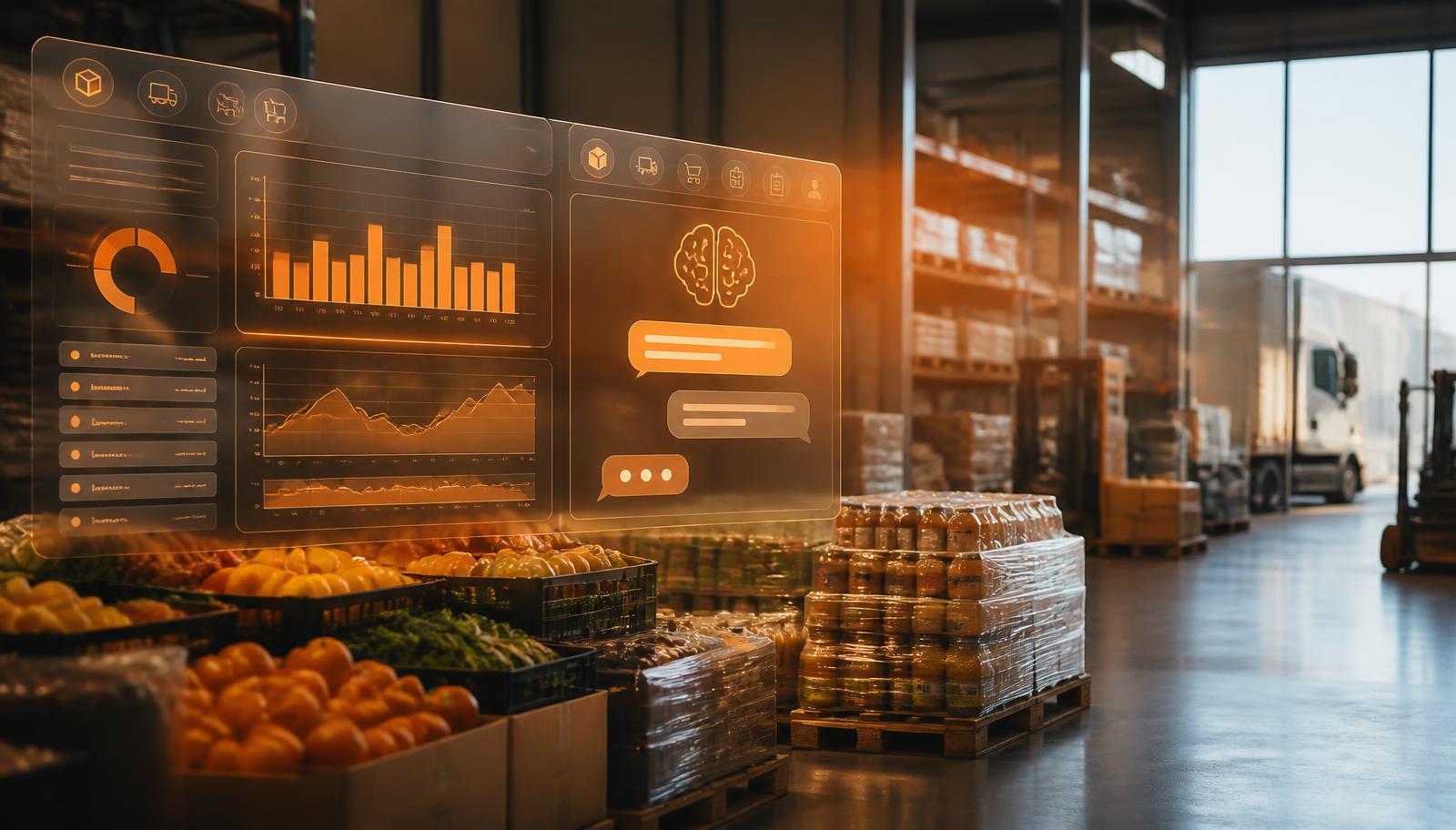Interfaz de inteligencia artificial conectada con un ERP en un almacén de distribución alimentaria