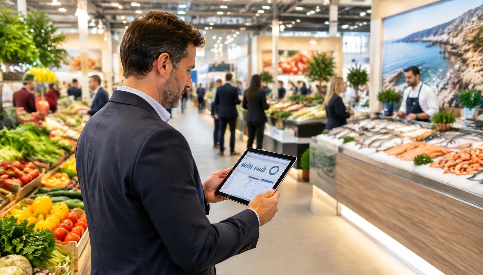 Responsable de distribución con una tablet de gestión de pedidos en una feria de alimentación con stands de fruta y producto del mar