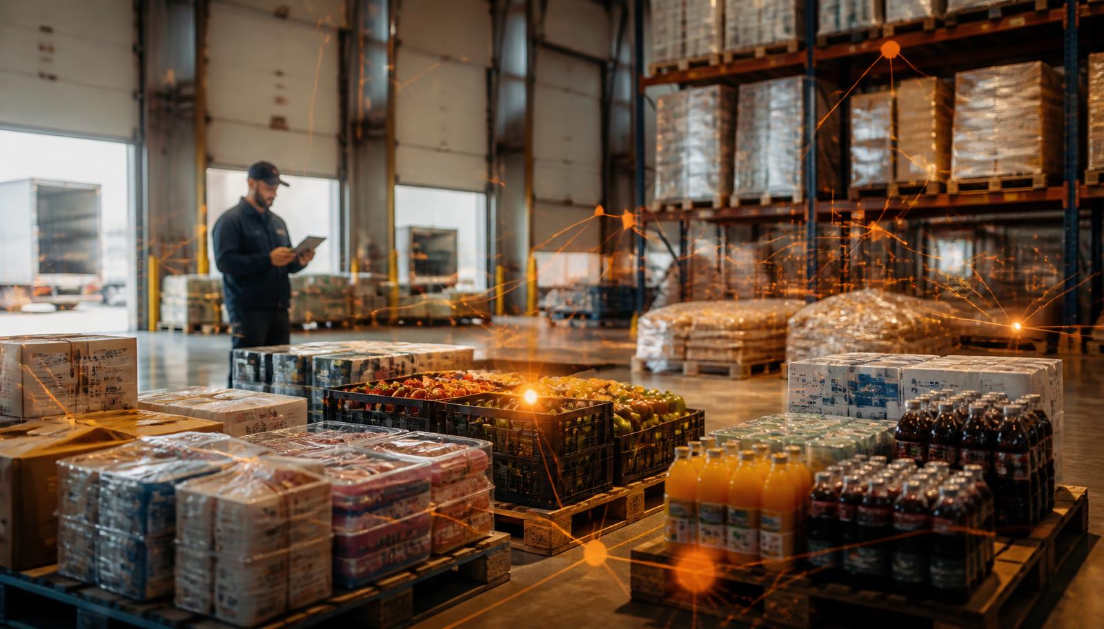 Almacén de distribución alimentaria con palés de frutas, bebidas, congelados y alimentación seca conectados por una red digital de inteligencia artificial