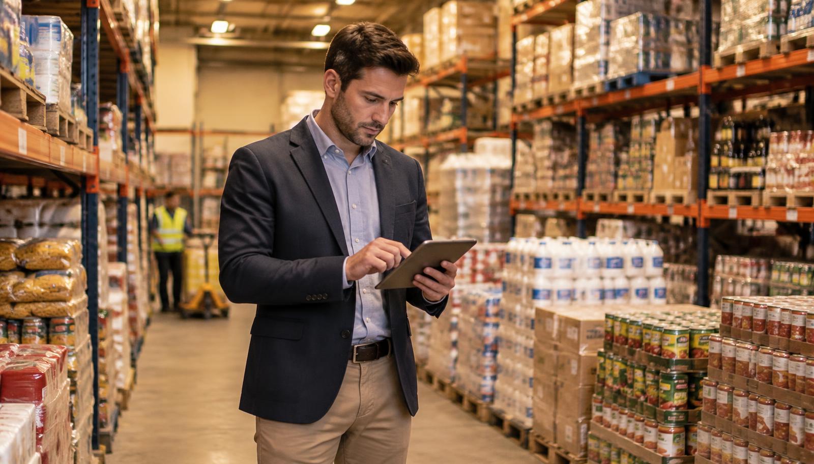 Responsable comercial revisando datos de ventas y márgenes en una tablet dentro de un almacén de distribución alimentaria