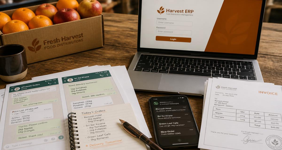 Mesa de trabajo de una distribuidora con pedidos de WhatsApp impresos, notas manuales, smartphone y ERP abierto en el portátil