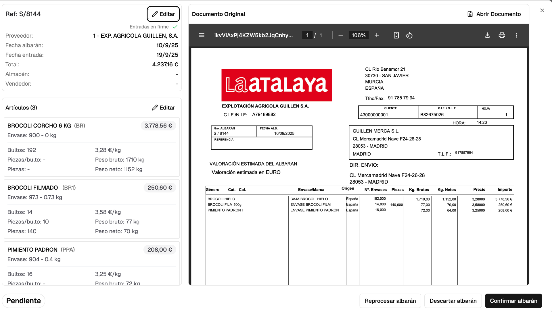 Detalle de albarán digitalizado con datos extraídos