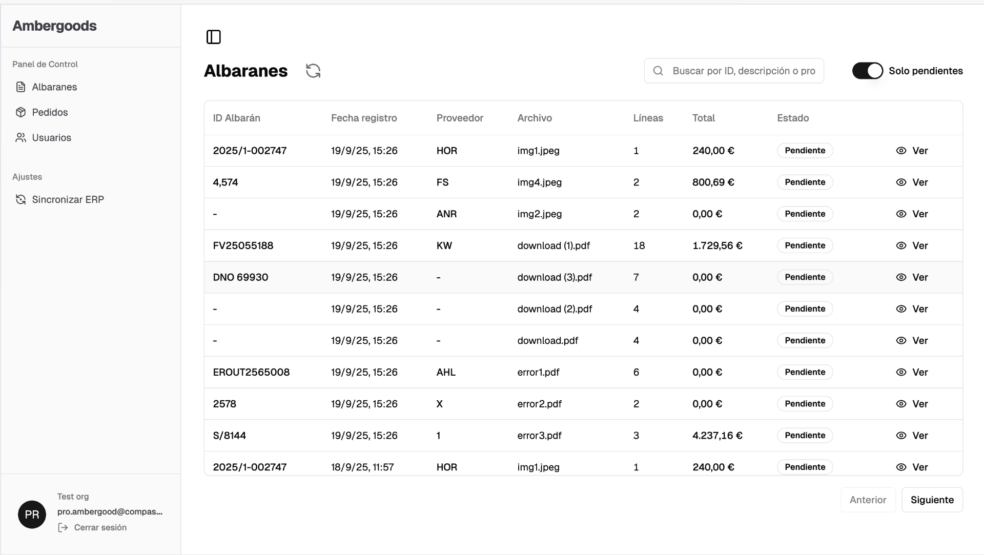 Lista de albaranes procesados en el sistema